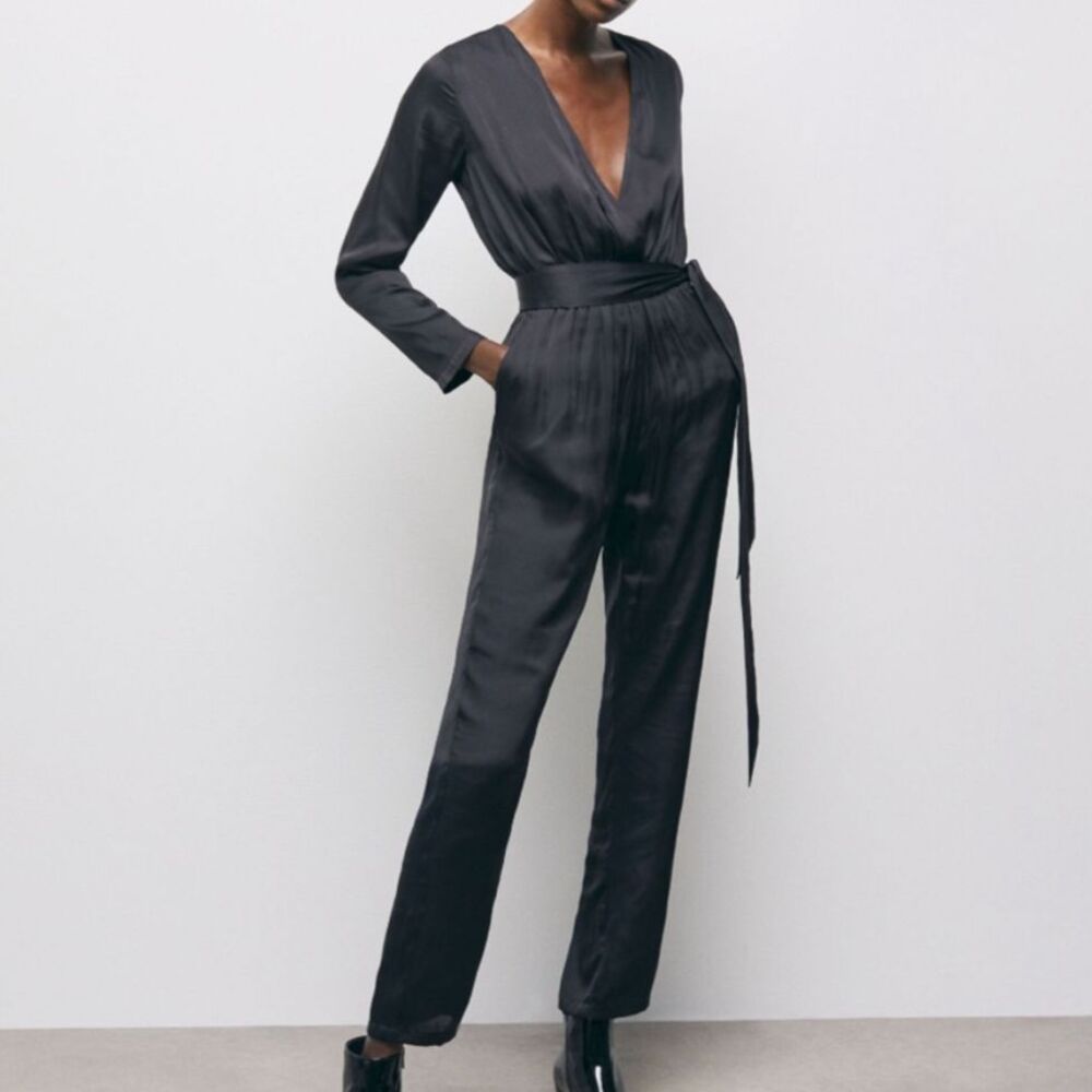 NWT The Kooples Black Satin Jumpuit Long Sleeve Full Length Wrap Belt Surplice 0